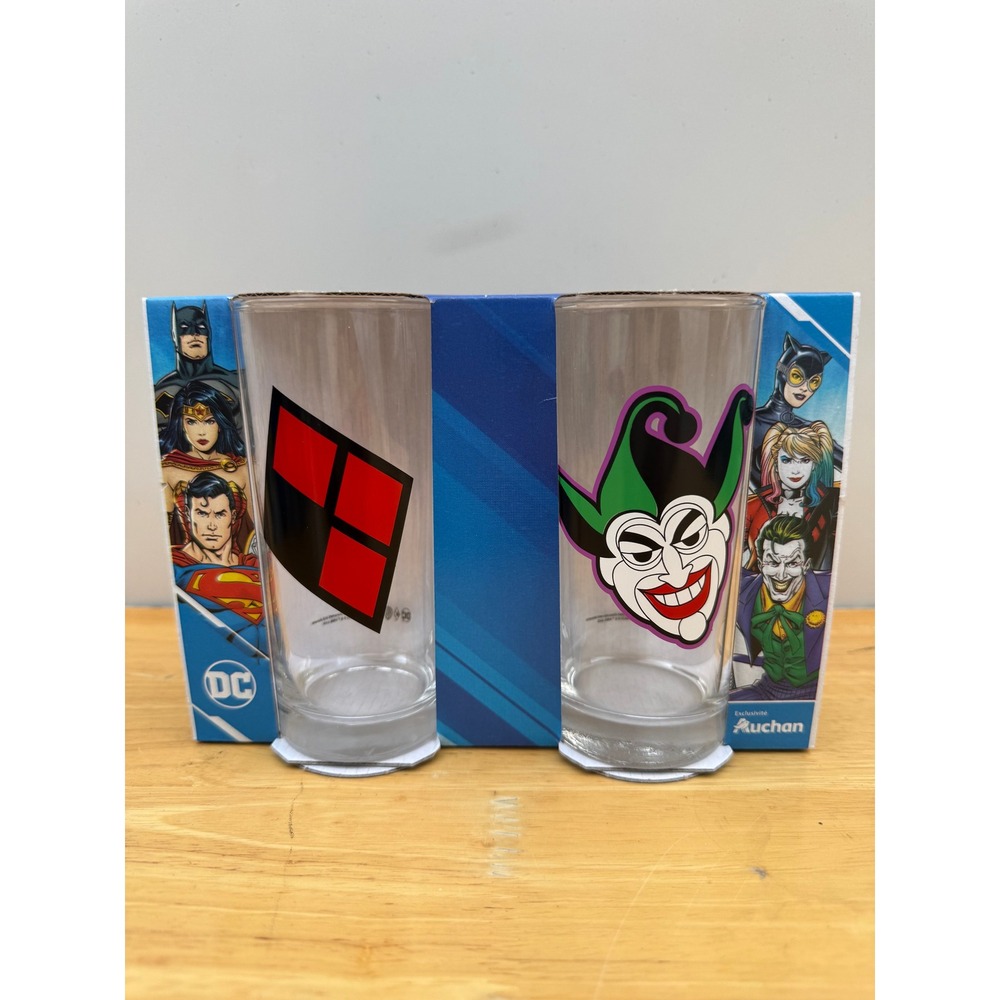 DC Comics Joker Harley Quinn Highball Glass Set 2pc Justice League Auchan NEW